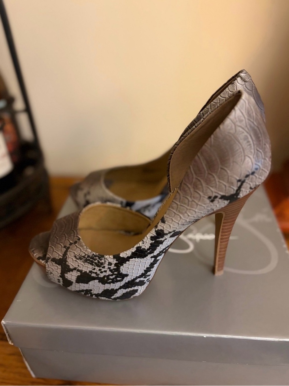 Jessica Simpson Snake-Print Peep Toe Heels - Gray/Black